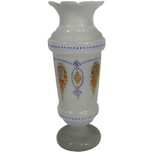 VICTORIAN ANTIQUE BRISTOL GLASS BLUE FLORAL MORIAGE LG 13” VASE 1880- - Picture 1 of 8